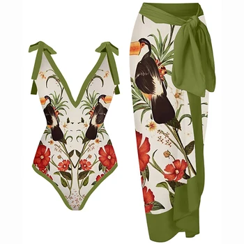 Зеленый Модный цельный купальник с V-образным вырезом, бикини со шнуровкой и юбкой, Женские купальные костюмы, Летняя пляжная одежда, одежда для серфинга с открытой спиной