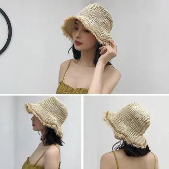 Летняя женская Соломенная шляпа с широкими волнистыми полями, Солнцезащитная Пляжная Кепка Sunhat