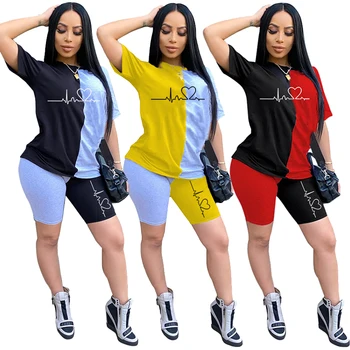 Летний модный женский комплект из 2 предметов, женская повседневная футболка в стиле пэчворк с круглым вырезом и коротким рукавом и шорты