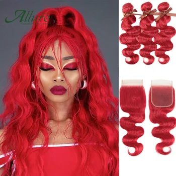 Объемные Волнистые Пучки С Закрытием Red Remy Бразильские Человеческие Волосы 3 4 Объемные Пучки С Закрытием Hair Weaves Fast USA Allure