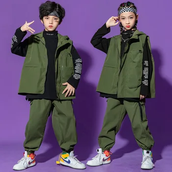 Детская одежда в стиле хип-хоп, Армейская зеленая куртка без рукавов, толстовка с капюшоном, Уличная одежда, Тактические брюки-карго для девочек, танцевальный костюм для мальчиков