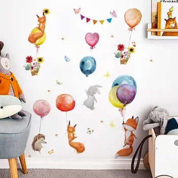 Мультяшные красочные воздушные шары, животные, наклейки на стены для детской комнаты, украшения детской комнаты, наклейки на стены, ПВХ Наклейки с лисой и кроликом