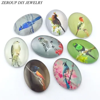 ZEROUP 2 Размера Овальный Стеклянный кабошон с изображениями птиц Смешанный узор Подходит для украшения ювелирных изделий на плоской подошве