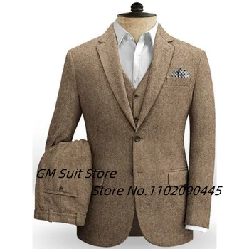 Мужской костюм-тройка (куртка + жилет + брюки) Узор в елочку, однотонный, красивый, с лацканами, однобортный, повседневный, тонкий, деловой