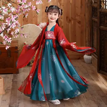 Hanfu, детское платье для девочек, Династия Тан, Ханбок, Шифоновое китайское традиционное платье, Детский Народный танец, Косплей, Платье Принцессы для Девочек-Фей