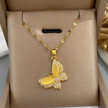 Винтажные ожерелья с подвеской из нержавеющей стали Золотого цвета, бабочки Для женщин, Изысканное ожерелье с цепочкой на Ключицу, Ювелирный подарок