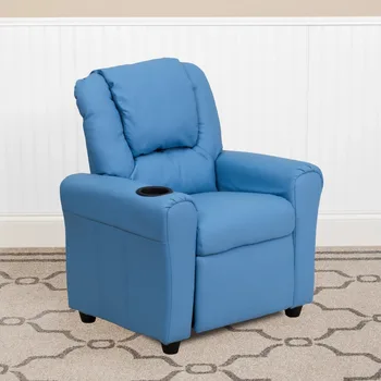 Современное светло-голубое виниловое детское кресло с подстаканником и подголовником