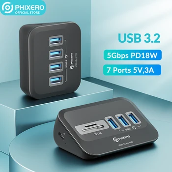 PHIXERO USB Splitter 3,2 Док-станция Концентратор Type C Адаптер С несколькими Портами и несколькими разъемами OTG 3,0 с устройством Чтения SD-карт Для Портативных ПК
