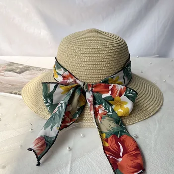 Летние Соломенные шляпы от Солнца для женщин, Пляжная шляпа с широкими полями и бантом из ленты, Женские модные солнцезащитные шляпы с защитой от ультрафиолета UPF для путешествий
