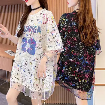 Летняя модная футболка с буквенным принтом, Уличная женская одежда, расшитая блестками, Повседневные Свободные газовые пуловеры в корейском стиле в стиле пэчворк с круглым вырезом