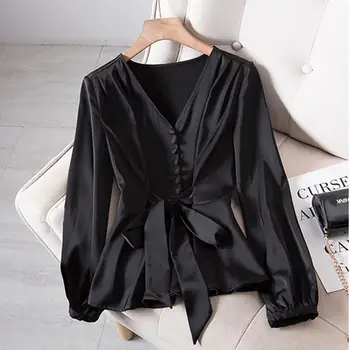 Черный женский весенний топ с V-образным вырезом и талией 2023, Темпераментный модный дизайн, рубашка с поясом Sense