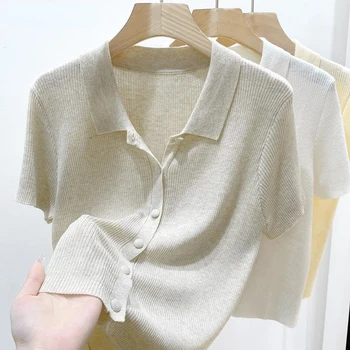 Трикотажная рубашка поло Sandro Rivers с вырезом лодочкой, женская футболка для похудения с короткими рукавами, однотонный короткий кардиган в тон.