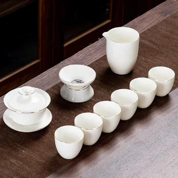 Чайный сервиз кунг-фу из белого фарфора с овечьим жиром, нефритовый, керамическая крышка для чайной чашки, миска, чайник, бытовой подарок из белого фарфора