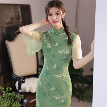 Летнее Зеленое Платье 2023 средней длины Cheongsam Fresh Qipao в Стиле молодых Девушек, Китайское Традиционное Вечернее Платье для Выступлений для женщин
