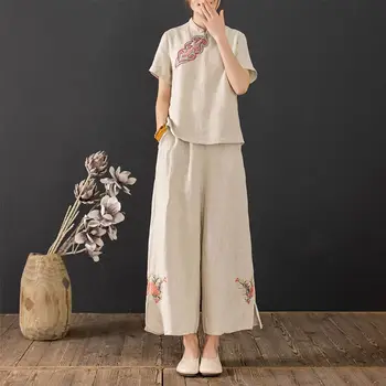 Комплект широких брюк из хлопка и льна для женщин, Летний Свободный комплект из двух предметов в китайском этническом стиле в стиле Ретро