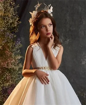 Длинное платье Принцессы с V-образным вырезом и аппликацией из белого пушистого тюля, Элегантное свадебное платье для подружек невесты, Вечернее платье для Причастия на заказ