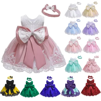 Платье Принцессы для маленьких девочек и лента для волос, 2 предмета, Элегантный бант для маленьких девочек, 1 год, День рождения, Кружевное бальное платье, Vestidos, Детские платья