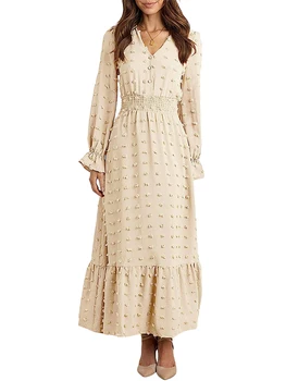 Женское длинное платье с длинным рукавом, Жаккардовое Свободное платье с V-образным вырезом, повседневное платье на каждый день