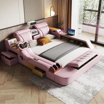 Умная кровать MINGDIBAO Tech - идеальный многофункциональный каркас кровати из натуральной кожи, с массажем, Динамиком, Проектором, Очистителем воздуха