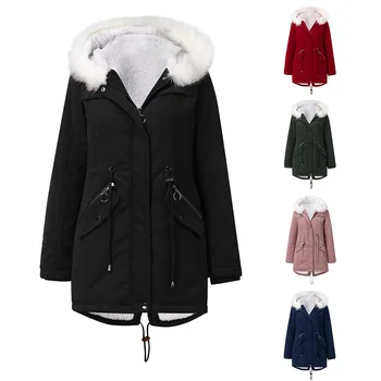Женская хлопковая куртка, парка с белым меховым воротником, зимнее теплое пуховое пальто средней длины с капюшоном, женская хлопковая куртка