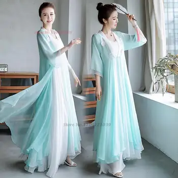 2023, китайский традиционный комплект hanfu, восточное национальное шифоновое платье + майки, элегантная женская одежда в китайском стиле, комплект из двух предметов