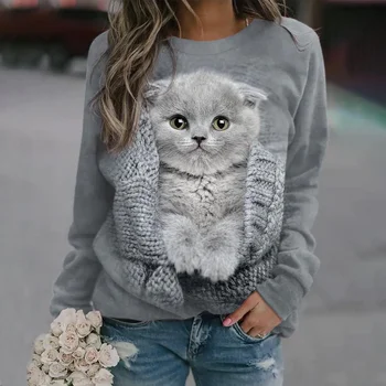 Женская футболка с длинным рукавом, Модный Топ с котом, футболка в стиле Харадзюку с 3D принтом, Уличная Повседневная футболка с Круглым вырезом и животным узором