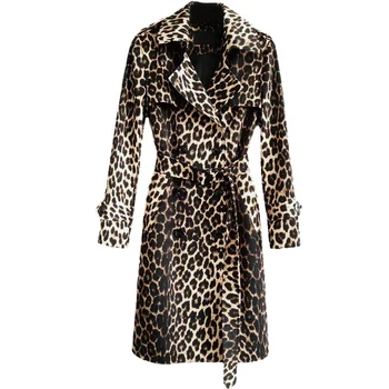 Демисезонный Новый Винтажный леопардовый тренч средней длины, Женская Двубортная ветровка с поясом и длинным рукавом, Тонкое пальто, Женское