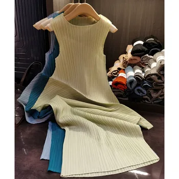 Платье Miyake / 2023 Летнее Простое платье с темпераментом, Элегантное Женское платье трапециевидной формы в складку с круглым вырезом, Модное платье большого размера