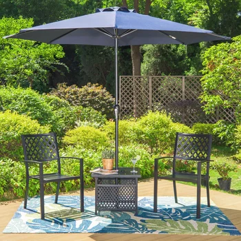 Набор для беседы на свежем воздухе MF Studio из 4 предметов с 9-футовым зонтиком, приставным столиком и двумя складывающимися стульями, черный и темно-синий