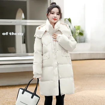 Корейская парка с капюшоном средней длины, зимнее женское пальто, Хлопковая куртка с хлопковой подкладкой, Пуховик с длинным рукавом, теплая зимняя одежда