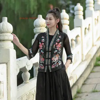 2023 китайский винтажный жилет с национальной цветочной вышивкой, китайский костюм эпохи тан, атласная жаккардовая куртка без рукавов, жилет