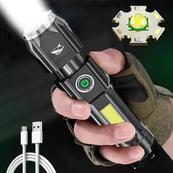 Портативный USB перезаряжаемый светодиодный фонарик, мощная вспышка, зум-фонарик с 3 режимами освещения, встроенный аккумулятор, фонарь для кемпинга