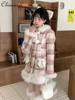 Оригинальная зимняя одежда 2023 года, Новое Милое розовое шерстяное пальто принцессы в клетку, Свободные женские куртки с длинными рукавами в кавайном стиле, Y2k