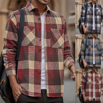 Мужская Модная Свободная Простая Клетчатая рубашка в клетку с карманами и длинными рукавами с 3D принтом Camisa slim fit