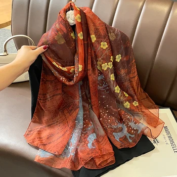 Весенне-летний Женский Солнцезащитный платок с принтом цветов сливы, женский Мягкий Длинный Шелковый платок, Прозрачный шифоновый шарф