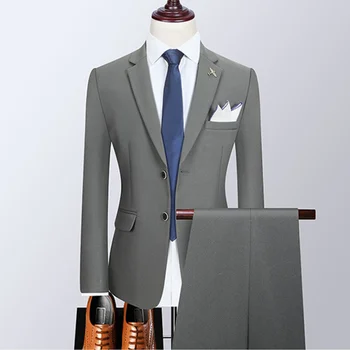 (Куртка + брюки) Модный бутик, мужской однотонный повседневный деловой костюм, высококлассный социальный официальный костюм, комплект из 2 предметов, свадьба жениха 4XL