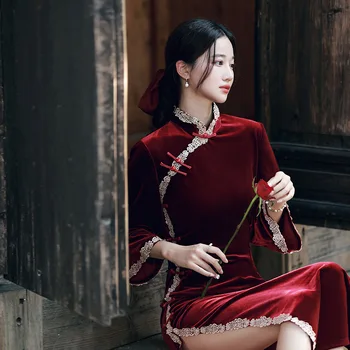 Yourqipao 2023, Осенний Бархатный Улучшенный Чонсам, Элегантное Вечернее платье в стиле ретро для Банкета, Ципао в китайском традиционном стиле для женщин