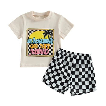 Комплект шорт для маленьких мальчиков, футболка с коротким рукавом и буквенным принтом, клетчатые шорты с эластичным поясом, летняя одежда