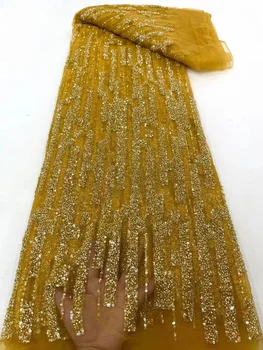 Нигерийские золотые бусины Кружевные ткани Изумрудное Вино Сетчатое Кружево Африканская ткань Кружева Роскошные блестки для женщин Свадебное платье