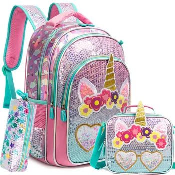 BIkab/ комплект из 3 предметов, школьные сумки для девочек, единорог, розовые блестки, Водонепроницаемый детский рюкзак, школьные сумки на плечо, рюкзак Kawaii