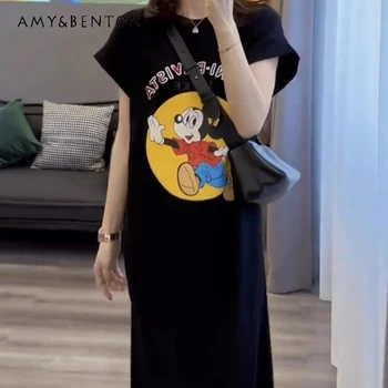 Женское Повседневное платье-футболка с разрезом в корейском стиле, Нишевое платье с рисунком из мультфильма, Свободные платья для беременных средней длины, закрывающие живот