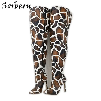 Женские сапоги Sorbern с широкими бедрами в стиле Жирафа, Женские ботинки на высоком Каблуке С острым носком и животным принтом