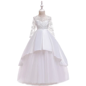 Новое стильное платье для девочек среднего и большого размера, Детское кружевное платье с длинными рукавами и бантом, Элегантное платье принцессы для свадебной вечеринки