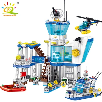 HUIQIBAO 850 шт., набор строительных блоков для морского полицейского участка, городской автомобиль, фигурки спецназа, кирпичи, развивающие игрушки для детей