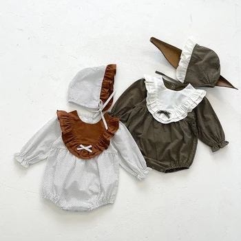 Весенне-осенняя одежда для маленьких девочек, боди для новорожденных девочек + шапка, хлопковый комбинезон с длинными рукавами и стежками для маленьких девочек