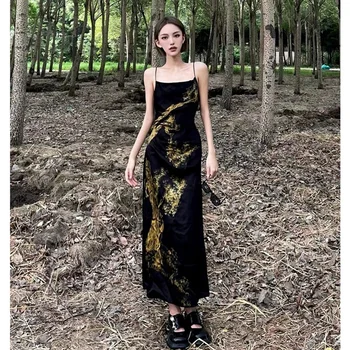 Платье-комбинация с золотым принтом в китайском стиле в стиле ретро, длинное платье с элементами Хань, облегающее талию