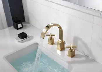 Высококачественный латунный матовый золотой смеситель для раковины в ванной комнате, три отверстия, смеситель для раковины с двумя ручками, Модный смеситель для холодной и горячей воды
