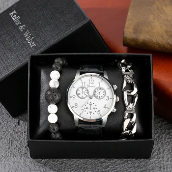 Модные мужские часы, подарочный набор с коробкой, кожаные кварцевые часы, браслеты из 2 предметов, подарок на День Святого Валентина для парня, мужа, reloj