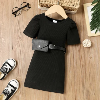 Базовое Черное Хлопчатобумажное платье PatPat для маленьких Девочек в рубчик с Поясной сумкой