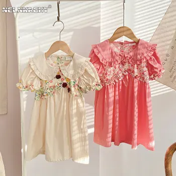 Новинка 2023 года Летом, платья для милой принцессы с пышными рукавами в стиле пэчворк, оборки, цветок, 3D РУЗ, Детские Платья, Милая одежда для малышей, Платье